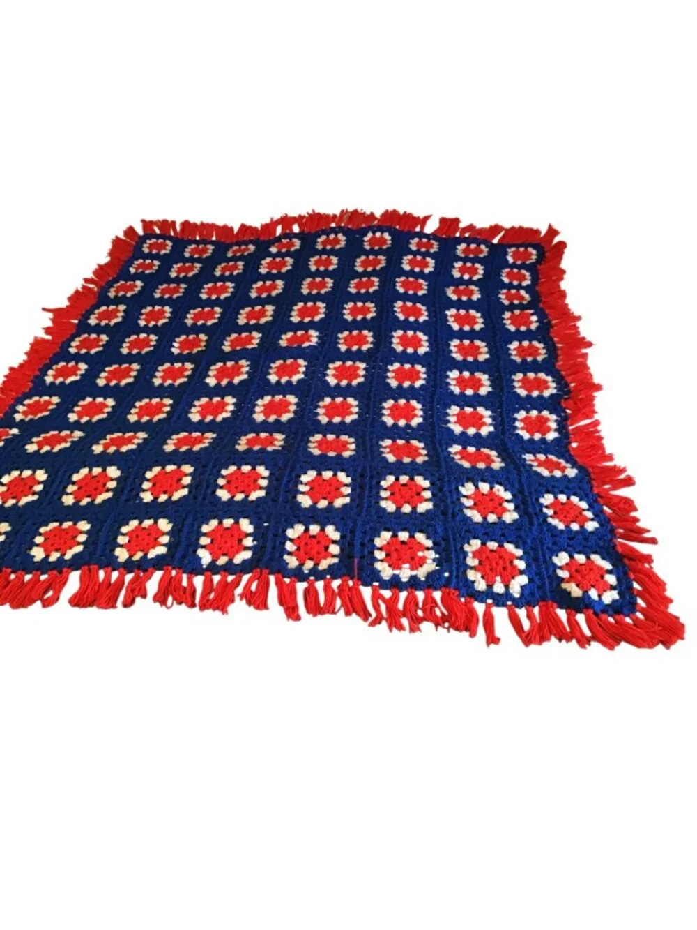 Handmade Crocheted Granny Square Red White Blue Vintage Afghan Throw Blanket